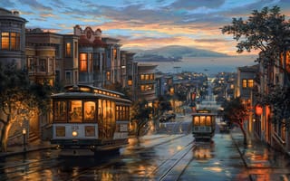 Картинка трамвай, рисованные, арт, город, здания, дорога, ночь, темнота, вечер, закат, заход