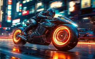 Картинка байк, мотоцикл, спортбайк, спорт, байкер, мотоциклист, гонка, скорость, быстрый, город, здания, ночь, свечение, AI Art, ИИ арт, цифровое, арт, сгенерированный, AI, ИИ