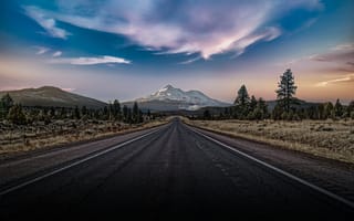 Картинка дорога, горы, пейзаж, небо, природа, закат, лес