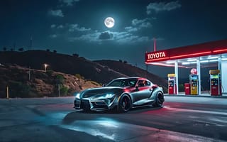 Картинка автомобиль, ночь, лунный свет, Тойота, спорткар, заправка, пейзаж