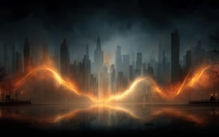 Картинка город, ночь, свет, здание, отражение, пейзаж, мистика, туман, архитектура, футуризм
