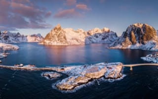 Картинка пейзаж, горы, снег, море, острова, природа, закат