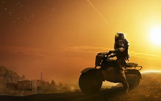 Картинка космос, астронавт, мотоцикл, пейзаж, солнце, приключение, фантастика