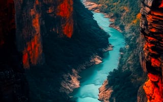 Картинка природа, каньон, река, пейзаж, горы, закат, водопад