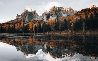 Картинка горы, гора, природа, пейзаж, скала, лед, отражение, осень