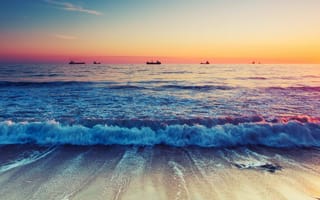 Картинка волна, океан, море, вода, природа, берег, побережье, песок, песчаный, пляж, вечер, сумерки, закат, заход