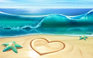 Картинка Beach,  Starfish,  Звезда,  Морская,  Waves,  Сердце,  Пляж,  Волны,  Море