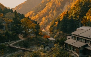 Картинка осень, пейзаж, горы, природа, деревня, мост, лес, архитектура, пейзажный, тихо