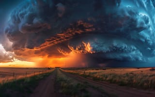 Картинка природа, пейзаж, вечер, закат, заход, облачно, облачный, облака, гроза, буря, гром, молния, погода, поле