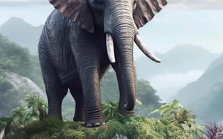 Картинка слон, животное, животные, природа, гора, скала, джунгли, лес, тропический, тропики, AI Art, ИИ арт, цифровое, арт, сгенерированный, AI, ИИ