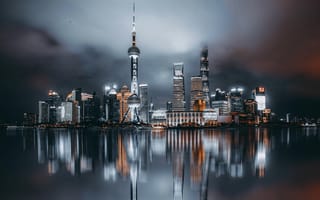 Картинка Шанхай, Китай, города, здания, дома, город, ночь, отражение