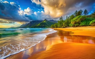 Картинка пляж, океан, природа, горы, закат, пейзаж, песок