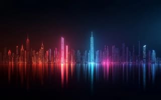 Картинка город, города, здания, небоскреб, высокий, здание, река, ночной город, ночь, огни, подсветка, свечение, отражение