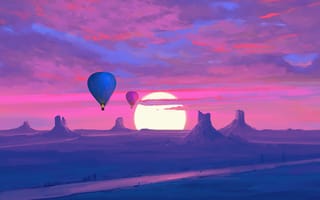 Картинка рисованные, арт, гора, воздушный шар, шар, вечер, закат, заход, солнце