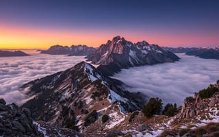 Картинка горы, закат, облака, природа, пейзаж, пик, снег, восход, мир, красота
