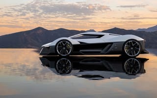 Картинка автомобиль, суперкар, природа, горы, отражение, закат, современный