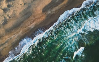 Картинка океан, море, вода, природа, волна, берег, побережье, песок, песчаный, пляж, сверху, c воздуха, аэросъемка, съемка с дрона