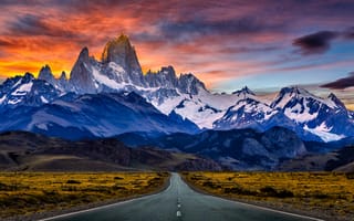 Картинка Patagonia,  Дорога,  Закат,  Небо,  Пейзаж,  Снег,  Патагония,  Горы,  Природа