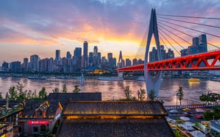 Картинка город, мост, закат, небо, архитектура, река, пейзаж, современный