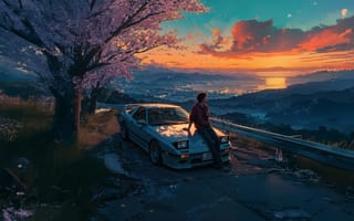 Картинка закат, автомобиль, природа, цветы, пейзаж, человек, горы