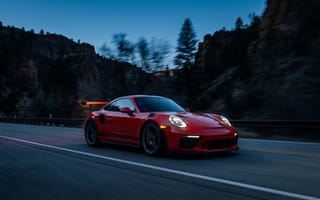 Картинка автомобиль, спорткар, Porsche, красный, дорога, природа, ночь