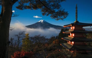 Картинка Фудзияма, Фудзи, гора, вулкан, Япония, Arakurayama Sengen Park, Chureito Pagoda, пагода, горы, природа