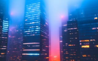 Картинка город, неон, здания, туман, ночь, освещение, архитектура, пейзаж