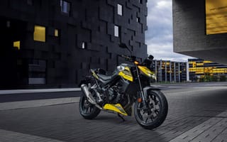 Картинка мотоцикл, город, архитектура, желтый, техника, дизайн, современный