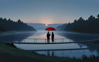 Картинка закат, пара, мост, озеро, зонтик, природа, романтика, тишина, пейзаж