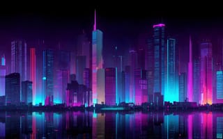 Картинка город, неон, ночь, архитектура, пейзаж, свет, современный