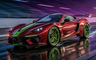Картинка спорткар, гонка, автомобиль, красный, зеленый, дизайн, скорость, футуристический, трасса, освещение