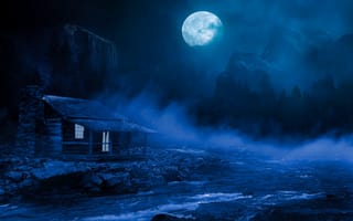 Картинка Ночь,  Дом,  Река,  Туман,  Луна