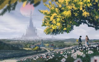 Картинка пейзаж, замок, природа, цветы, друзья, фантазия, сказка