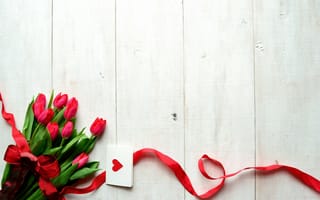 Картинка День святого Валентина,  любовь,  лента,  сердце,  тюльпаны,  цветы,  8k,  4k,  5k