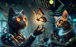 Картинка кот, робот, бабочка, свечение, фантастика, рисованные, арт