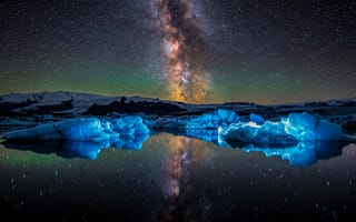 Картинка галактика, ледники, ночное небо, отражение, звезды, природа, Исландия