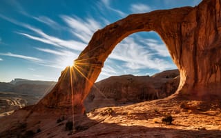 Картинка арка, пейзаж, природа, закат, скалы, небо, свет