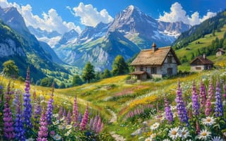 Картинка пейзаж, горы, дом, цветы, природа, долина, лето