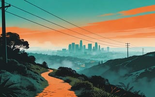 Картинка город, пейзаж, закат, природа, дорога, силиуэт, красота