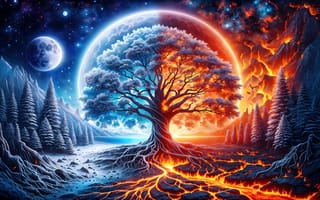 Картинка природа, космос, дерево, огонь, лед, пейзаж, галактика, вода, мир, красота