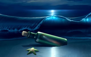 Картинка Sea ​​at Night,  Bottle,  Starfish,  Wave,  Звезда,  Морская,  Бутылка,  Ночь,  Волны,  Море