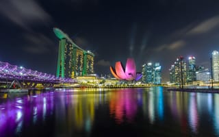 Картинка Сингапур, города, здания, дома, город, ночной город, ночь, огни, подсветка, отражение, свечение