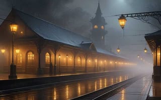 Картинка город, платформа, вокзал, железная дорога, ночь, фонарь, туман, рисованные, арт, здание