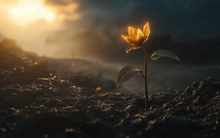 Картинка цветок, цветы, растение, растения, цветочный, вечер, закат, заход, арт, рисунок, свечение, земля, почва