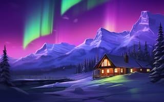 Картинка северное сияние, горы, зима, дом, лес, пейзаж, ночь, природа, снег, красота