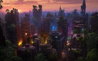 Картинка город, пейзаж, футуризм, природа, закат, архитектура, технологии, освещение, заброшенные здания, мир