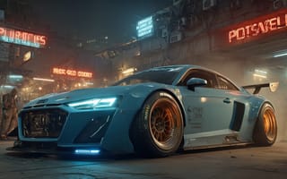 Картинка автомобиль, тюнинг, ночной город, спорткар, свет, урбанистический, дизайн