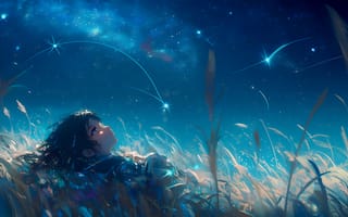 Картинка ночное небо, звезды, аниме, девушка, пейзаж, космос, мир