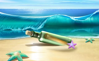 Картинка Sea,  Bottle,  Starfish,  Звезды,  Морские,  Wave,  Бутылка,  Пляж,  Волны,  Море