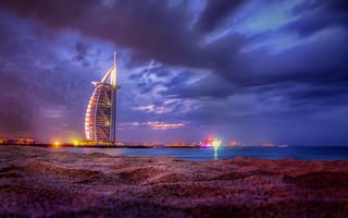 Картинка Бурдж-Халифа, Дубайская башня, башня, здание, достопримечательность, небоскреб, современный, Дубай, архитектура, ночь, огни, подсветка, вечер, сумерки